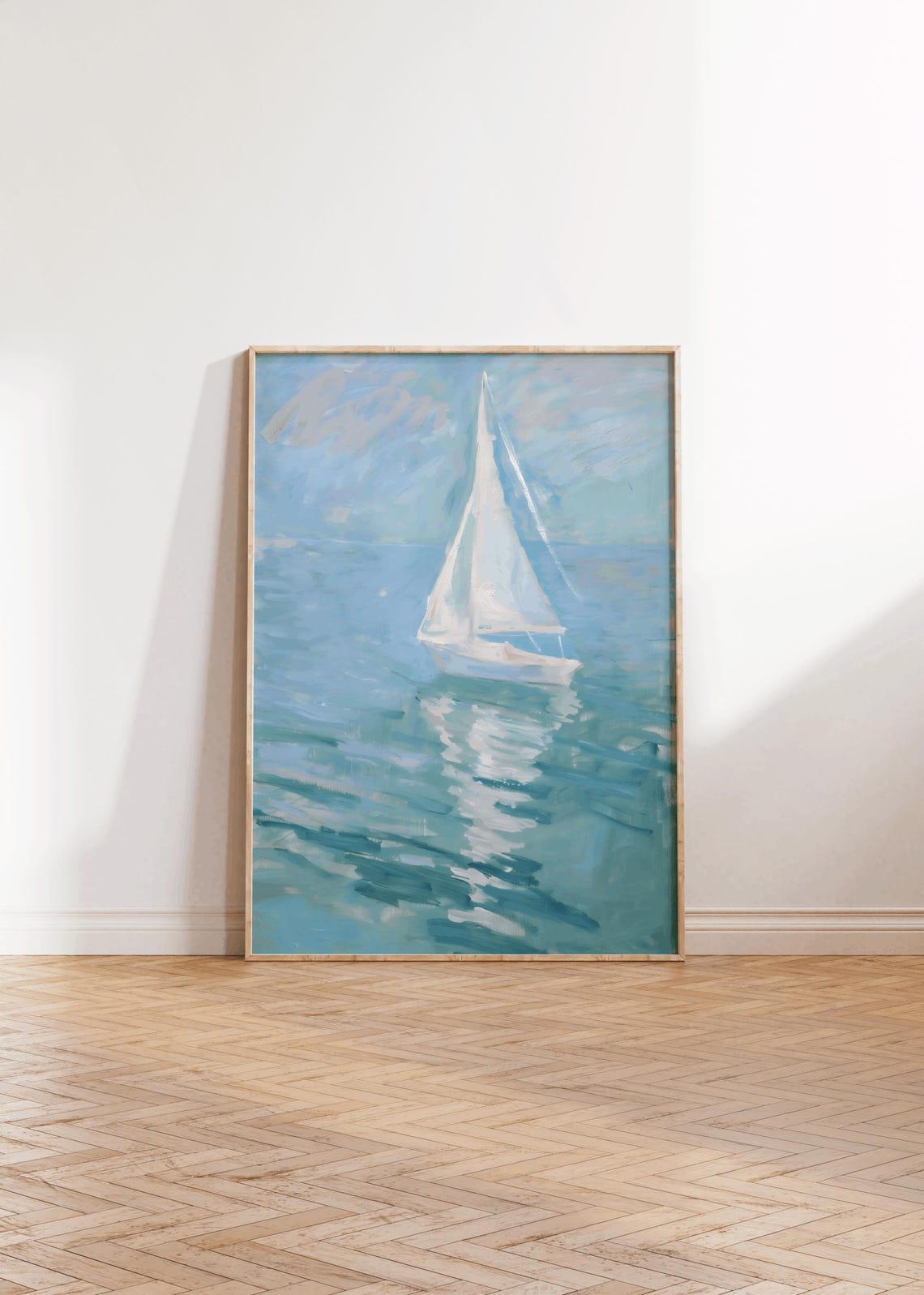 White Sailboat On Turquoise Water Reflection Seascape Poster - Image 2
