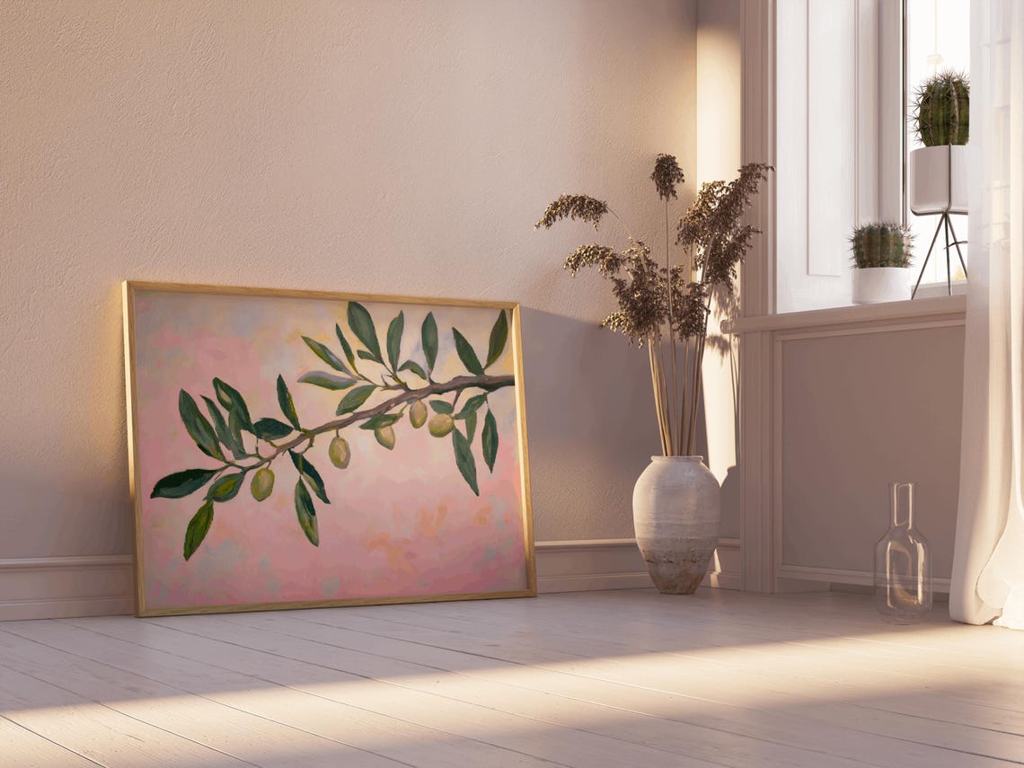 Olive Branch Painting Green Olives Pink Botanical Art Poster - Image 3