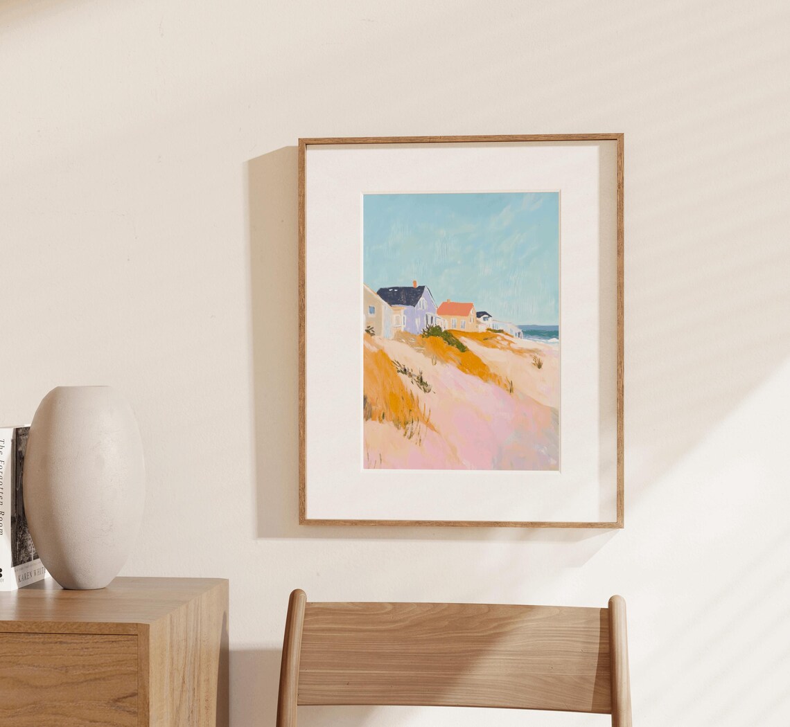 Pastel Beach Houses Pink Sand Dunes Coastal Watercolor Wall Art - Image 3