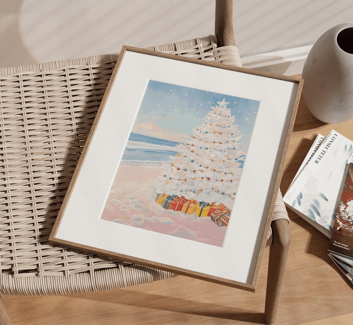 White Christmas Tree Beach Ocean Coastal Holiday Scene Poster - Image 3