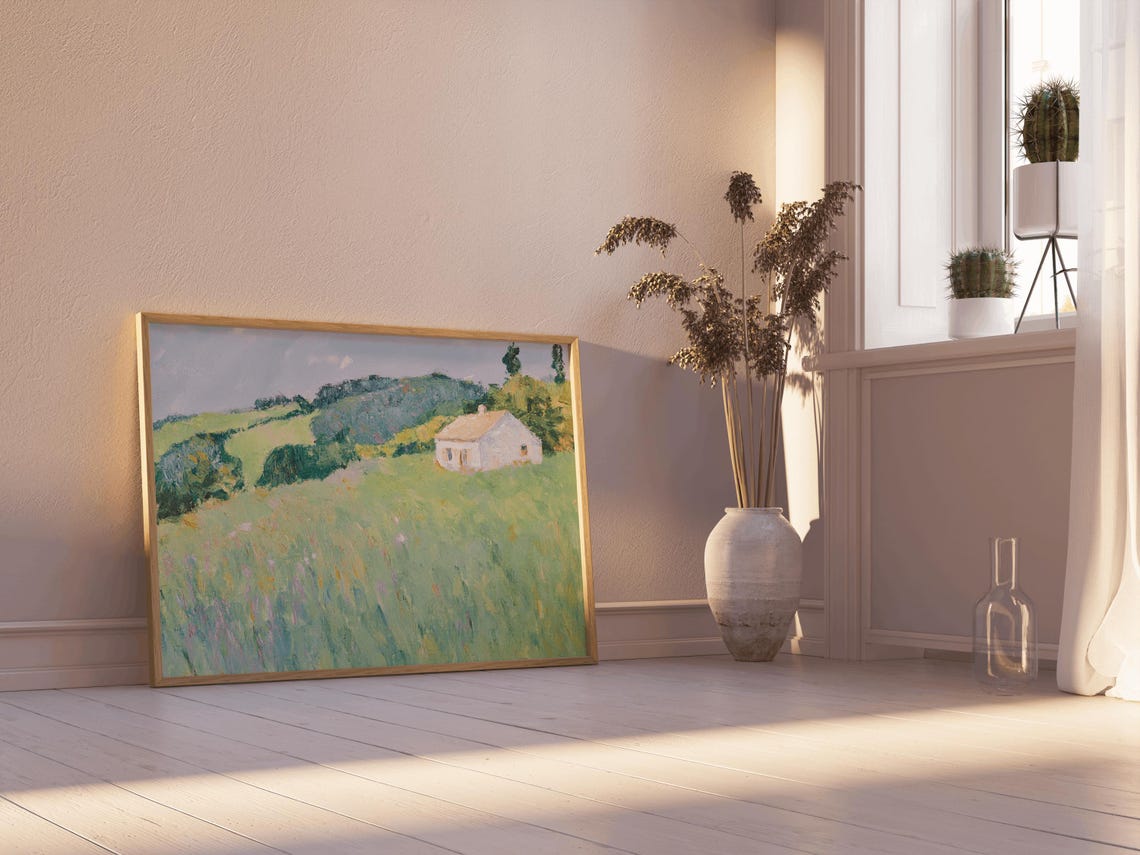 White Farmhouse In Green Meadow Painting Cottage Hills Poster
