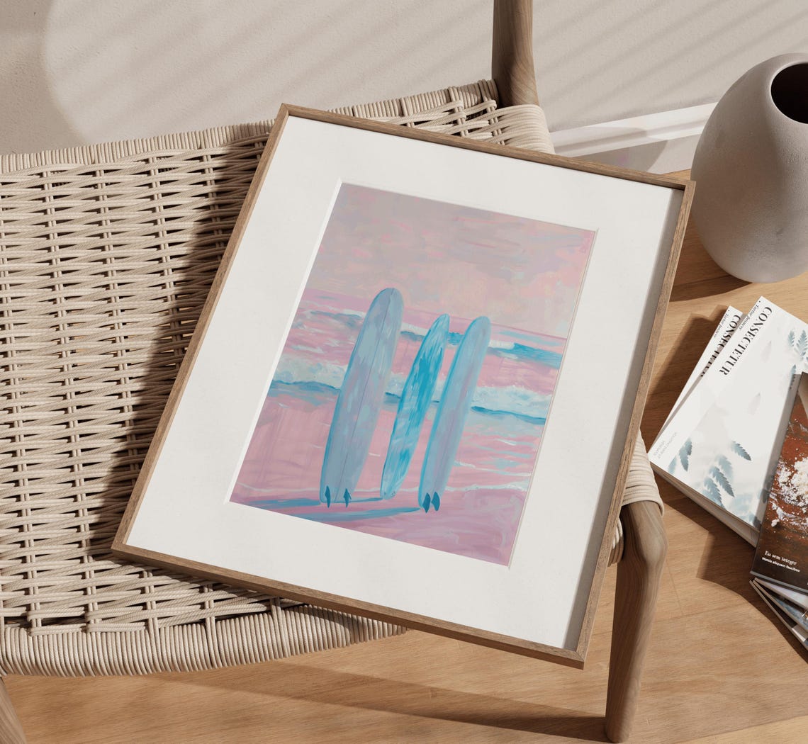 Three Blue Surfboards on Pink Beach Pastel Coastal Art Print - Image 3