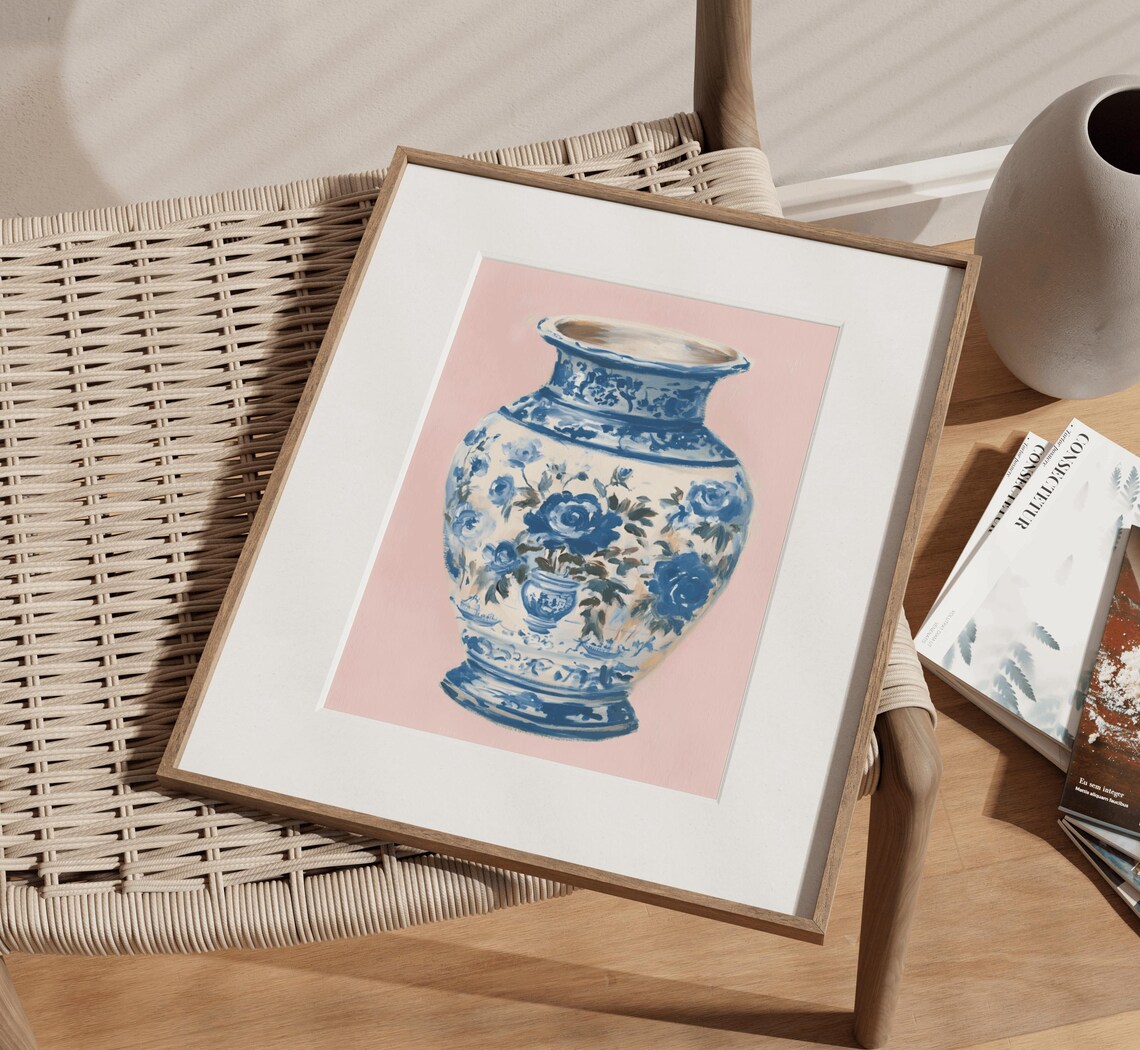 Blue Chinoiserie Vase Painting Floral Porcelain On Pink Poster - Image 2