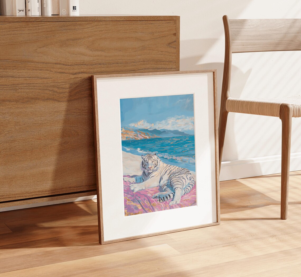 White Albino Tiger Retro Preppy Maximalist Art Print