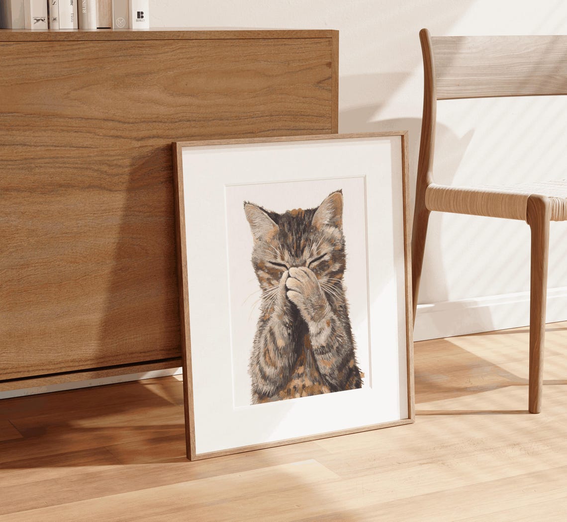 Funny Cat Covering Its Nose Paw Watercolor Bathroom Wall Poster