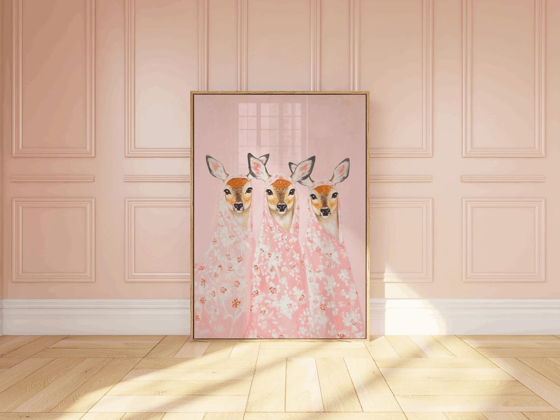 Three Deer Pink Floral Dresses Cute Whimsical Nursery Poster