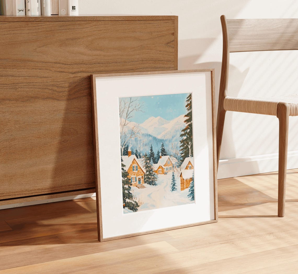 Snowy Christmas Village Cabins Mountain Winter Wonderland Poster - Image 2