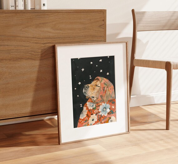 Sleeping Golden Retriever Floral Babushka Starry Night Poster