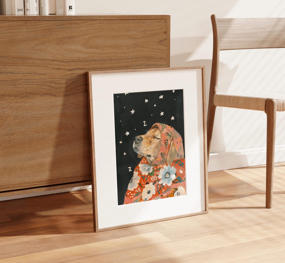 Sleeping Golden Retriever Floral Babushka Starry Night Poster