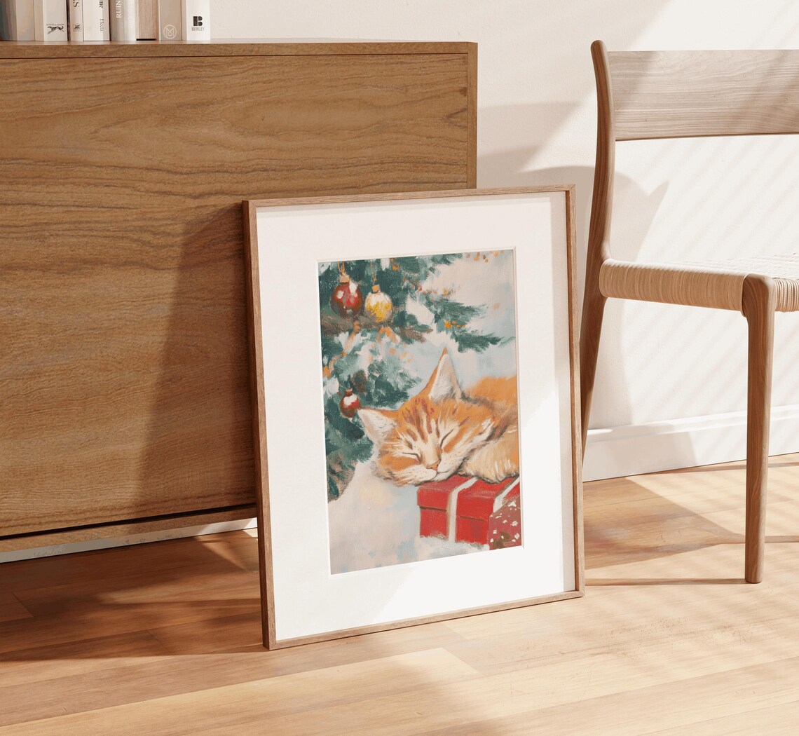 Ginger Tabby Cat Christmas Cat Painting Art Print - Image 2