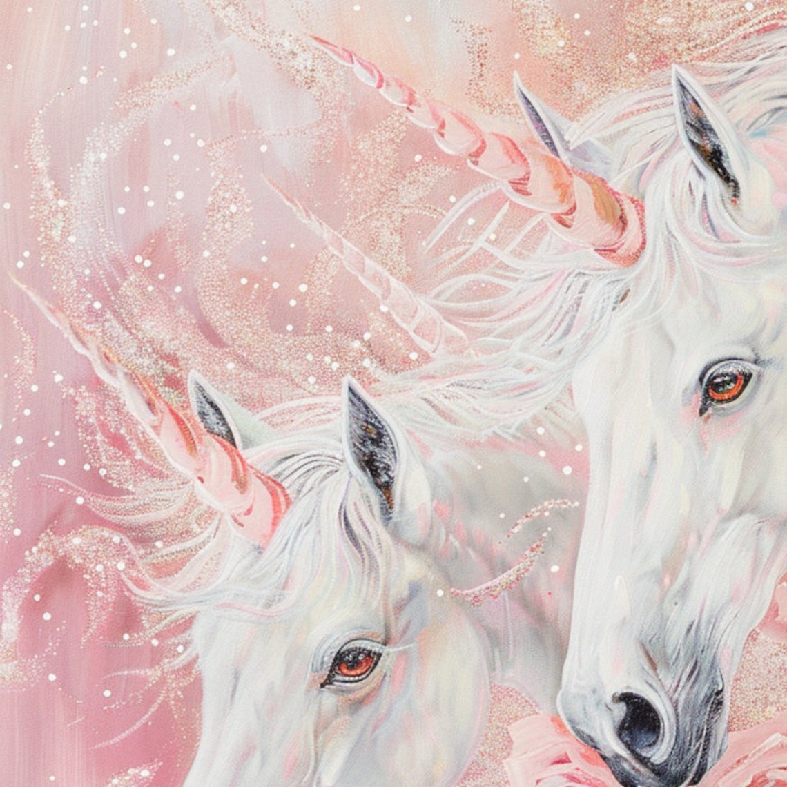 Two Sparkling White Unicorns with Pink Roses Fantasy Art Print - Image 3