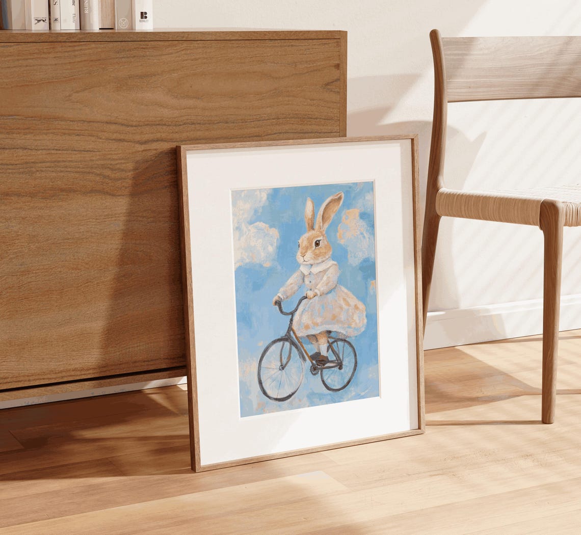 Sweet Bunny Rabbit Riding Bicycle Vintage Blue Sky Nursery Poster