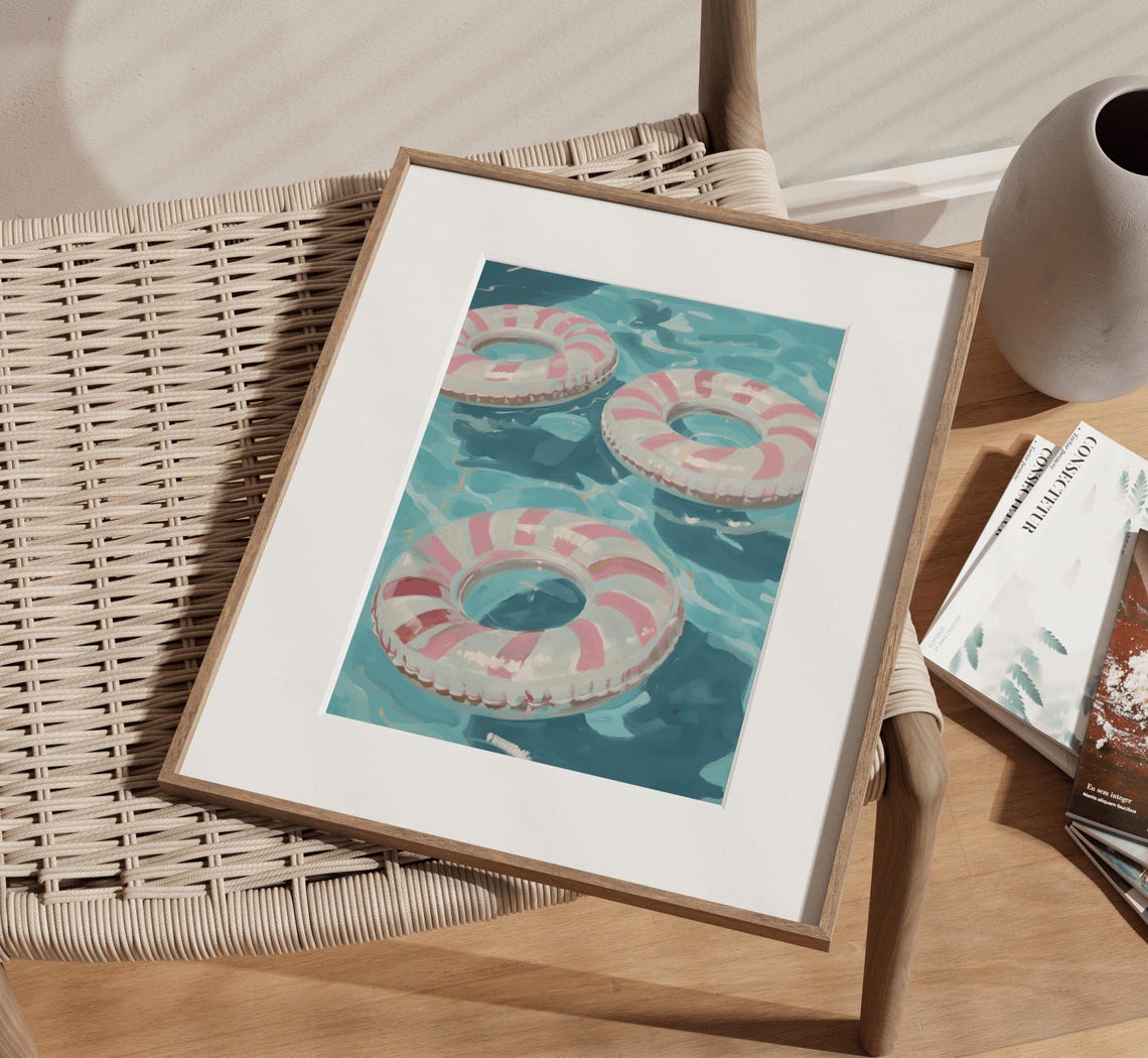 Three Pink Striped Inflatable Pool Float Rings Summer Poster