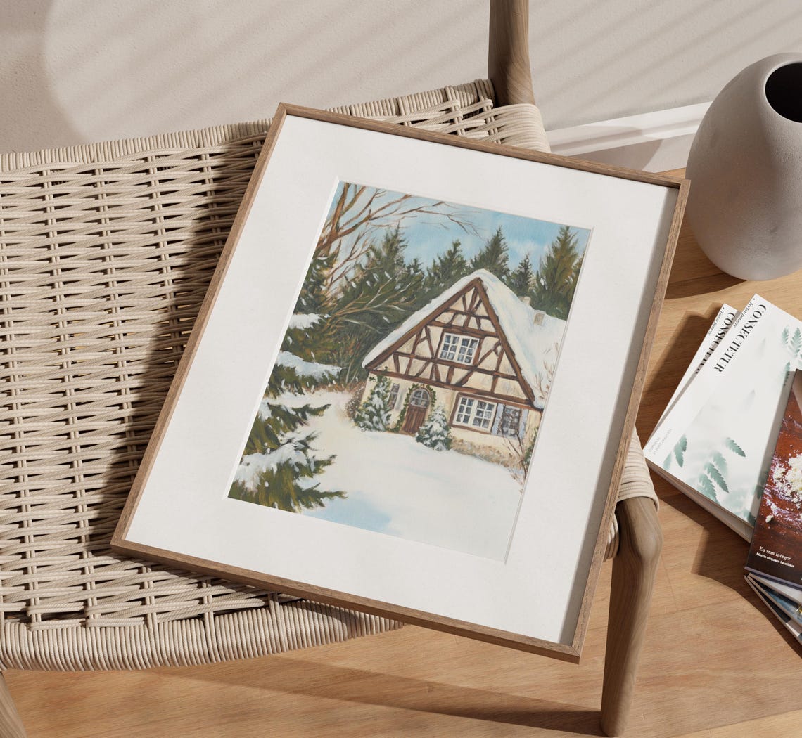 Cozy Snowy Half Timbered Cottage Winter Forest Painting Poster - Image 3