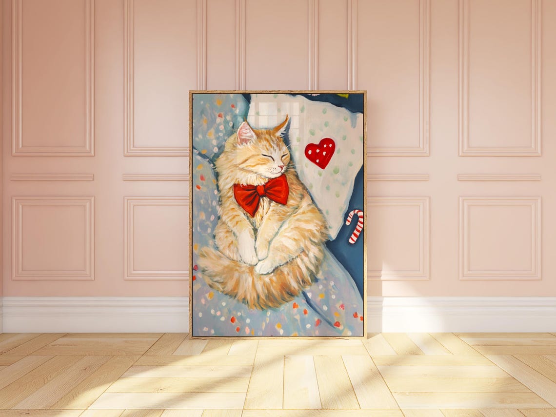 Sleeping Ginger Tabby Cat with Red Bow Winter Cozy Scene Poster