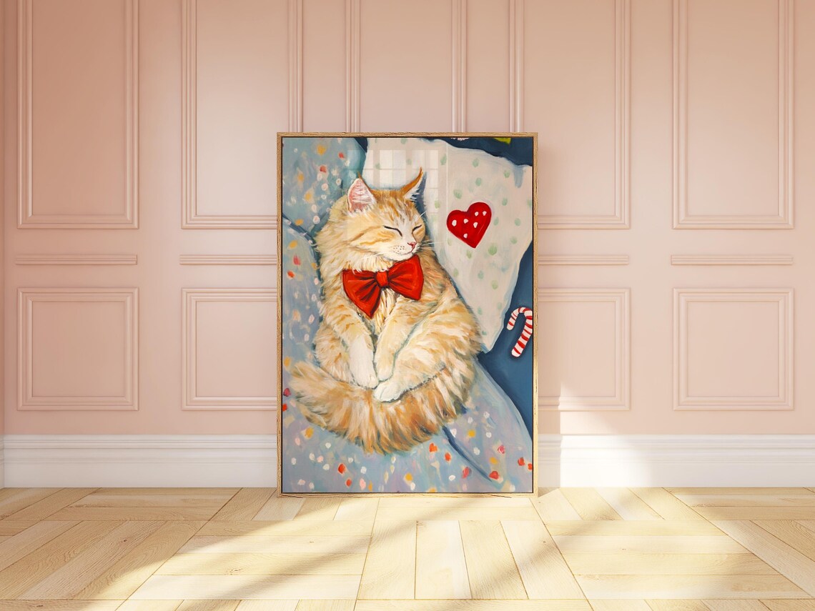 Sleeping Winter Ginger Tabby Cat With Red Bow Cozy Cat Art Print Whimsical Sleeping Cat Wall Art Cute Pet Portrait Cat Lover Gift