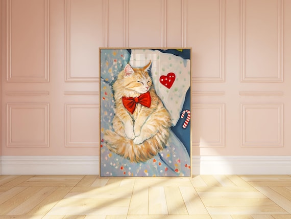 Sleeping Winter Ginger Tabby Cat With Red Bow Cozy Cat Art Print Whimsical Sleeping Cat Wall Art Cute Pet Portrait Cat Lover Gift