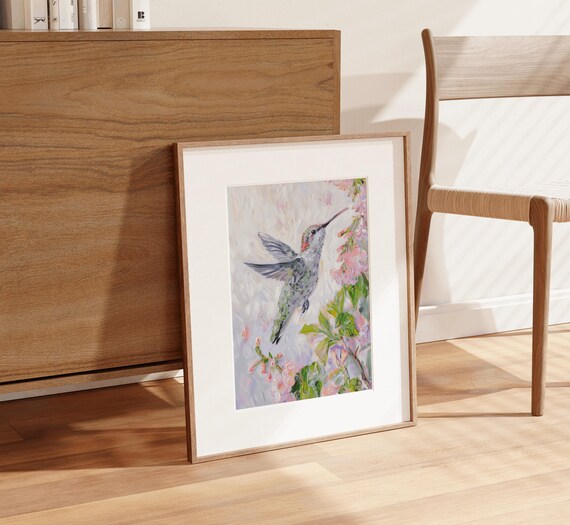 Hummingbird with Pink Blossoms Impressionist Nature Art Print