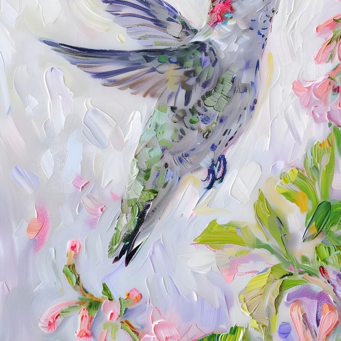 Hummingbird with Pink Blossoms Impressionist Nature Art Print - Image 2