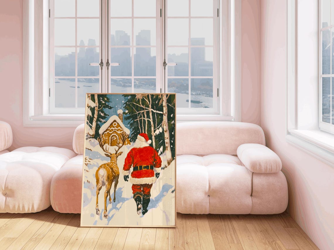 Santa Claus and Reindeer Walk to Gingerbread House Snowy Forest Poster