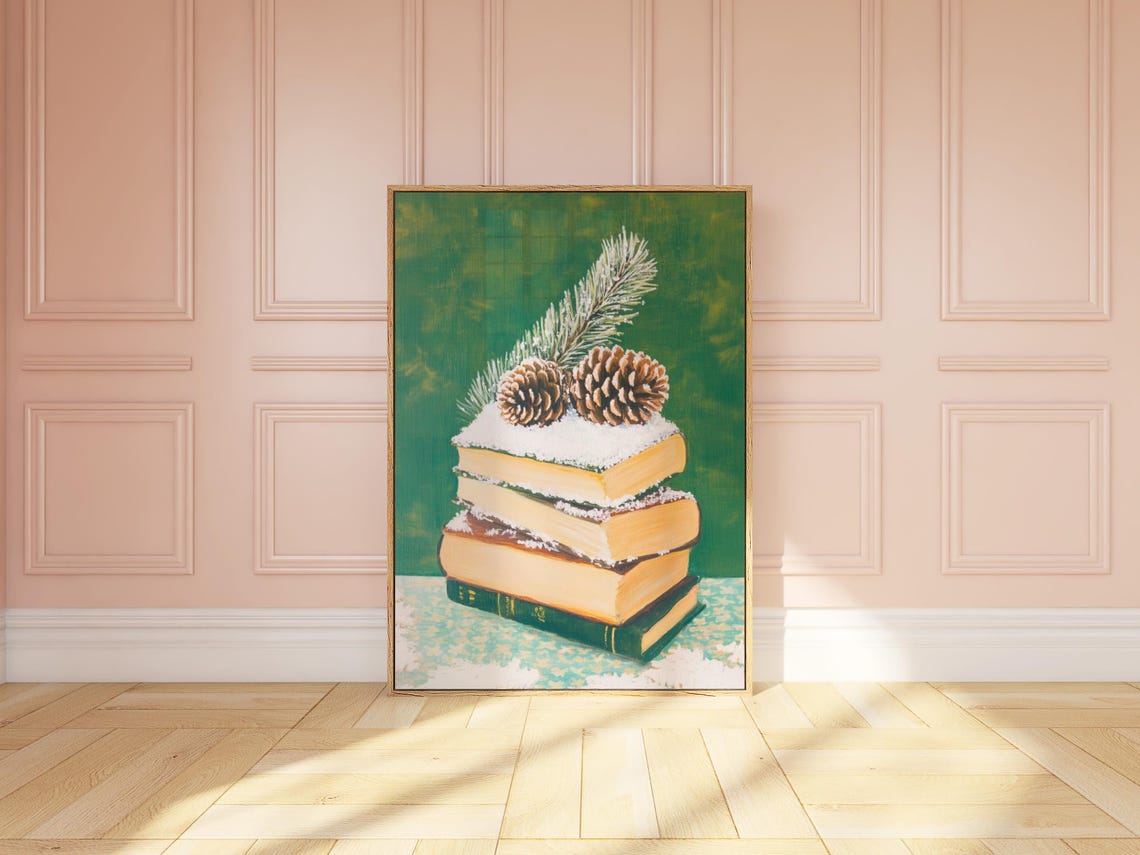 Stack of Books in Snow with Pinecones and Pine Sprig Still Life Poster - Image 3