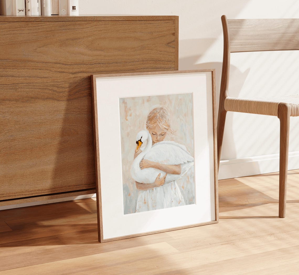 Girl Hugging White Swan Soft Neutral Watercolor Nursery Poster