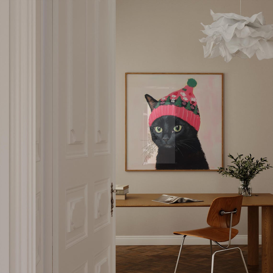 Black Cat Wearing Knit Christmas Beanie Cute Holiday Art Poster - Image 2