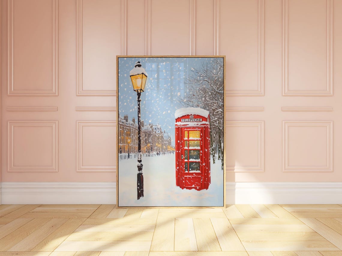 Snowy London Street with Red Telephone Booth and Lamp Poster