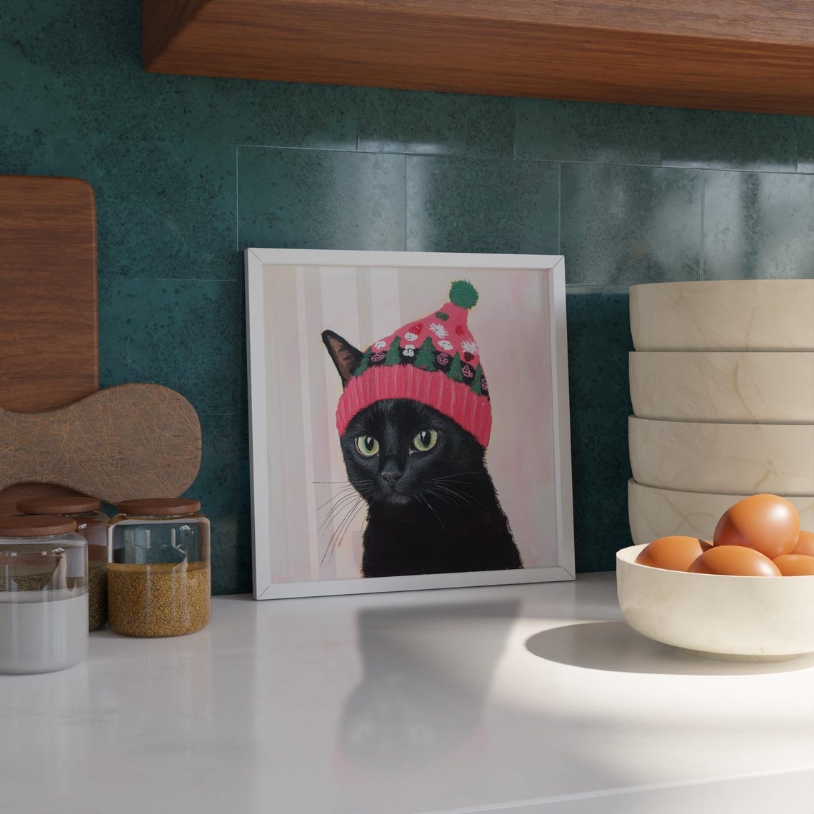Black Cat Wearing Knit Christmas Beanie Cute Holiday Art Poster