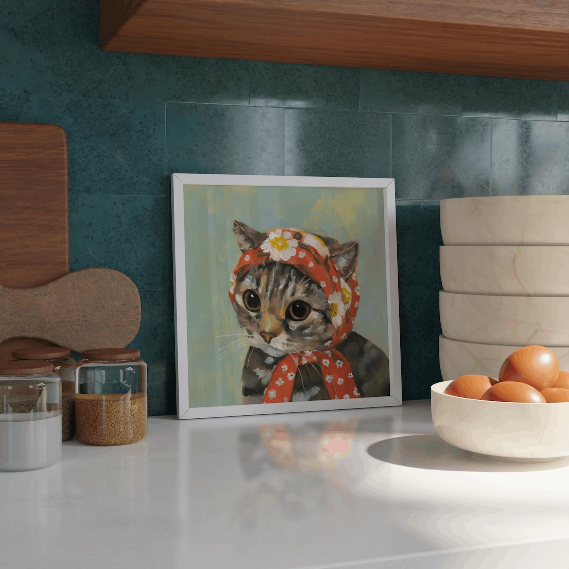 Grey Tabby Babushka Cat, Vintage Farmhouse Art Print
