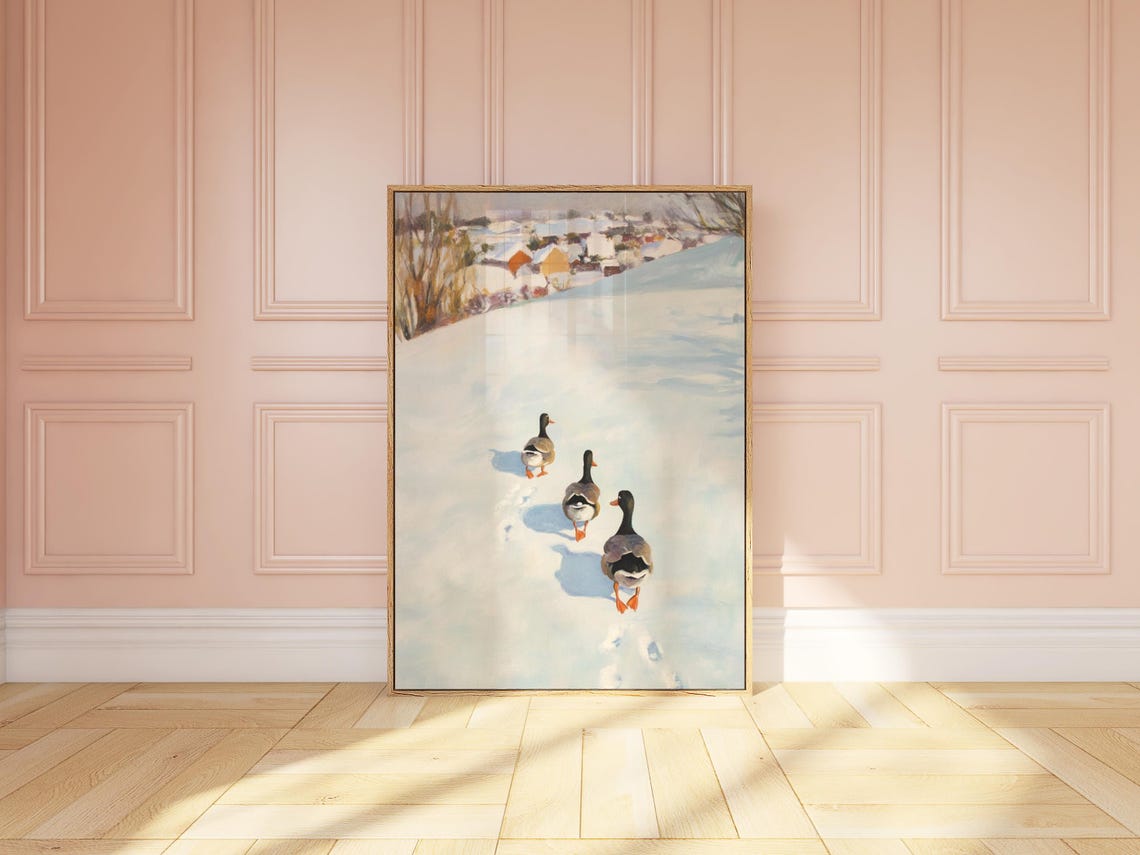 Three Mallard Ducks Walking Through Snow Toward Village Poster