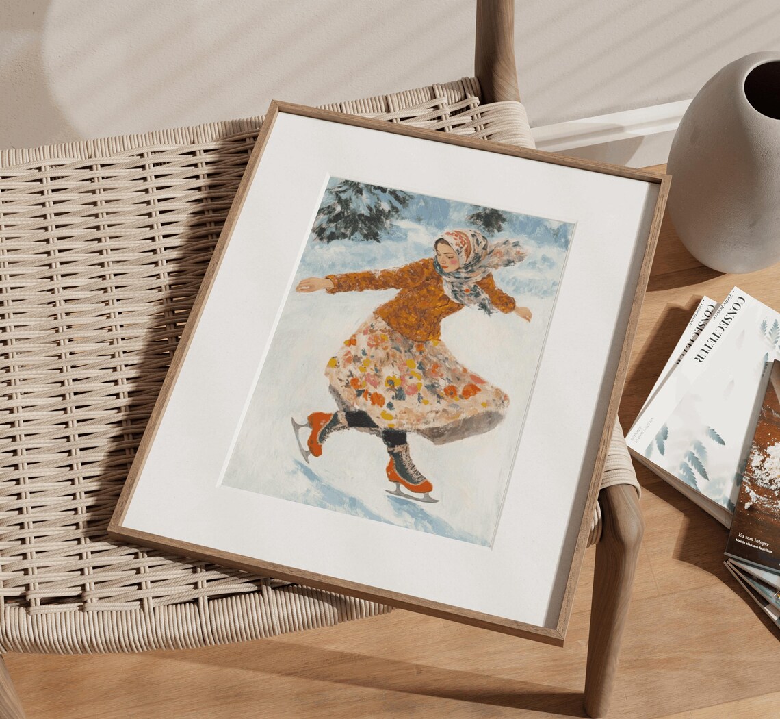 Classy Woman Ice Skating Vintage Christmas Art Print - Image 3