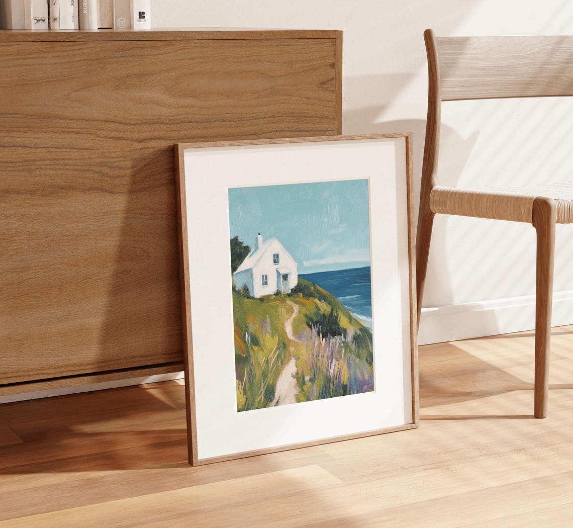 White Beach House On Cliff Path Painting Coastal Ocean Art Poster