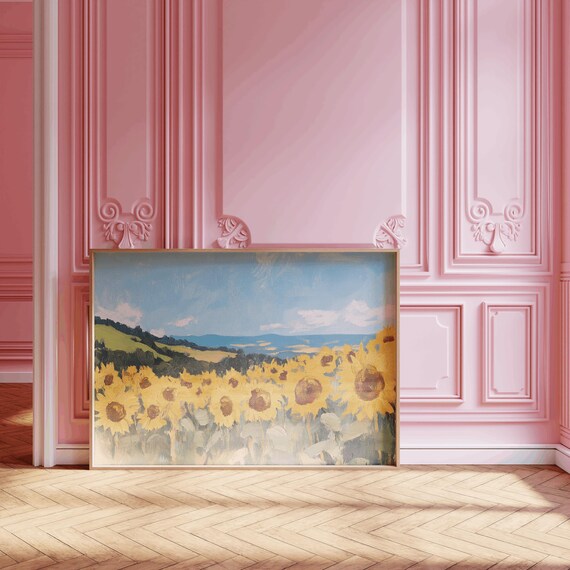 Sunflower Field Painting Blue Sky Countryside Summer Art Poster