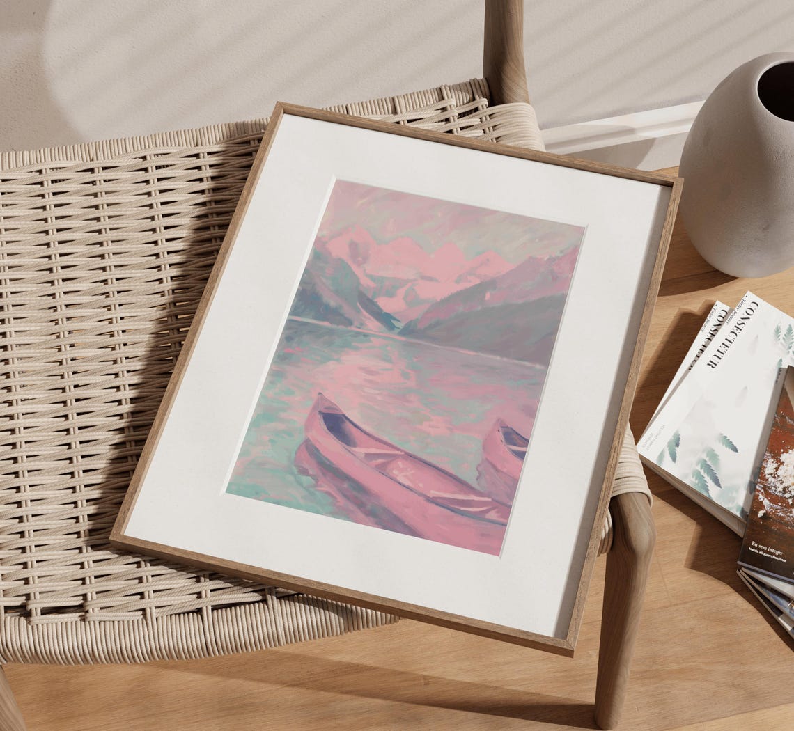 Pink Rowboats On A Dreamy Pastel Mountain Lake Landscape Poster