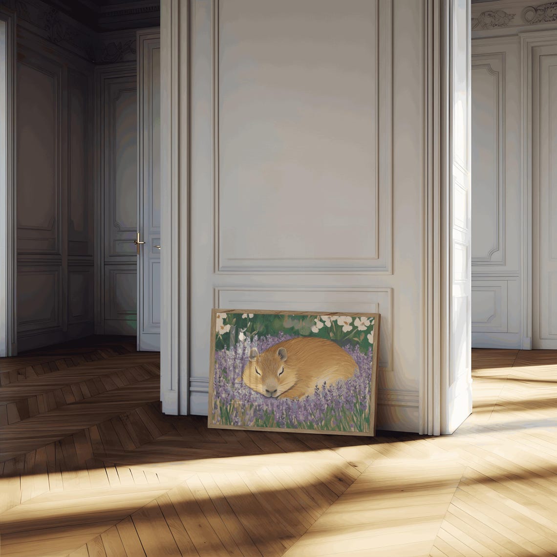 Sleeping Capybara Lavender Field Wildflower Farmhouse Poster