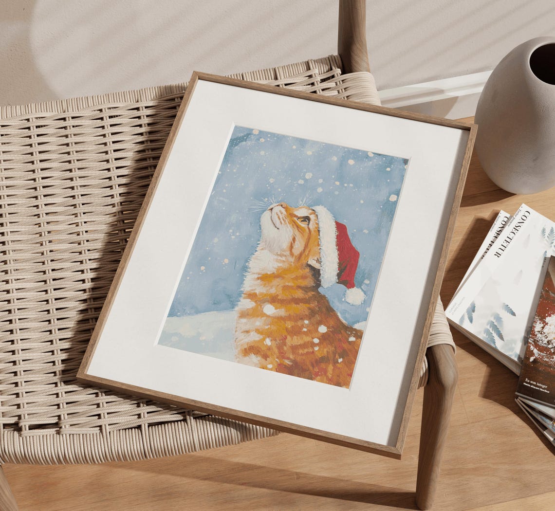 Ginger Cat Santa Hat Watching Falling Snow Blue Winter Poster - Image 3