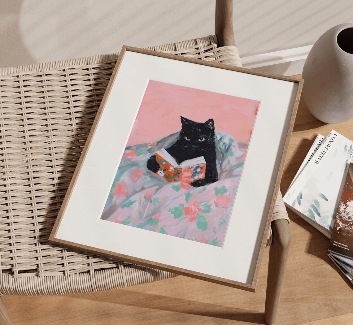 Black Cat Book Lover Art Print, Bookworm Cat Art