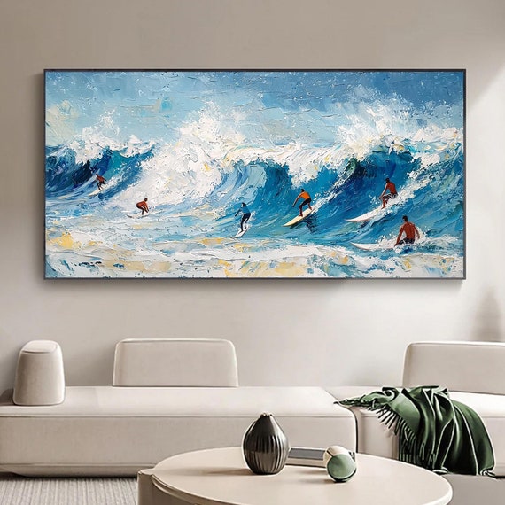 Large Abstract Sea Surfing Oil Painting On Original Surfing Sports Painting Ocean Seascape Wall Art Custom Living Room Wall Decor