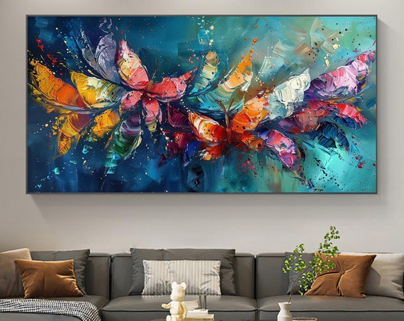 Large Abstract Colorful Butterfly Oil Painting On Original Blooming Flower Painting Texture Wall Art Decor Living Room Wall Decor