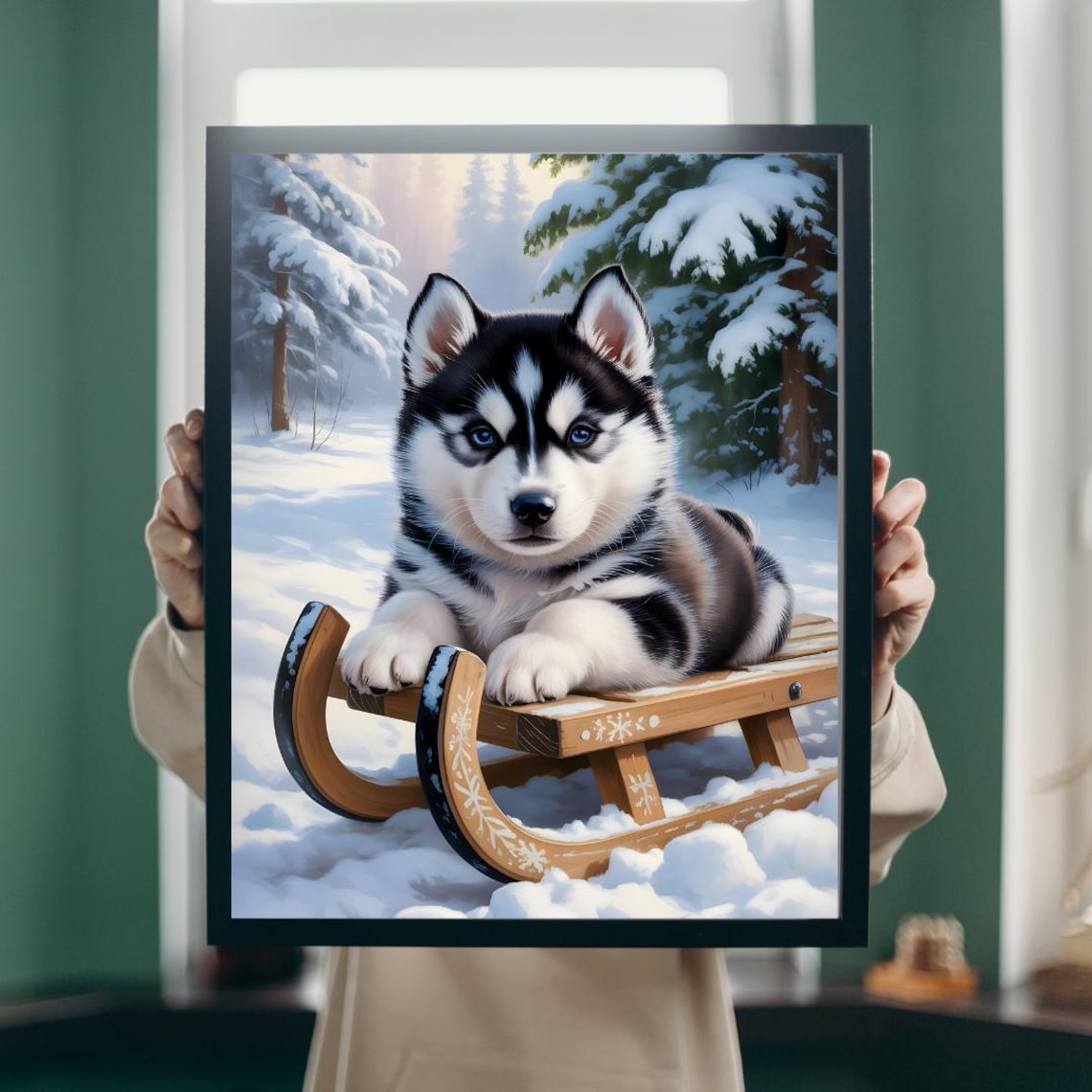 Cute Husky Puppy on Wooden Sled Snowy Forest Winter Christmas Poster