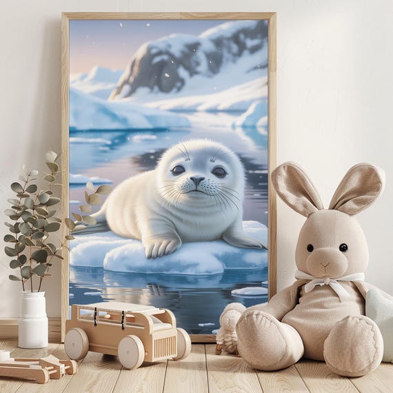Baby Seal Portrait Wall Art Arctic Wildlife On Ice Cute Animal Nursery Decor Ocean Lover Gift