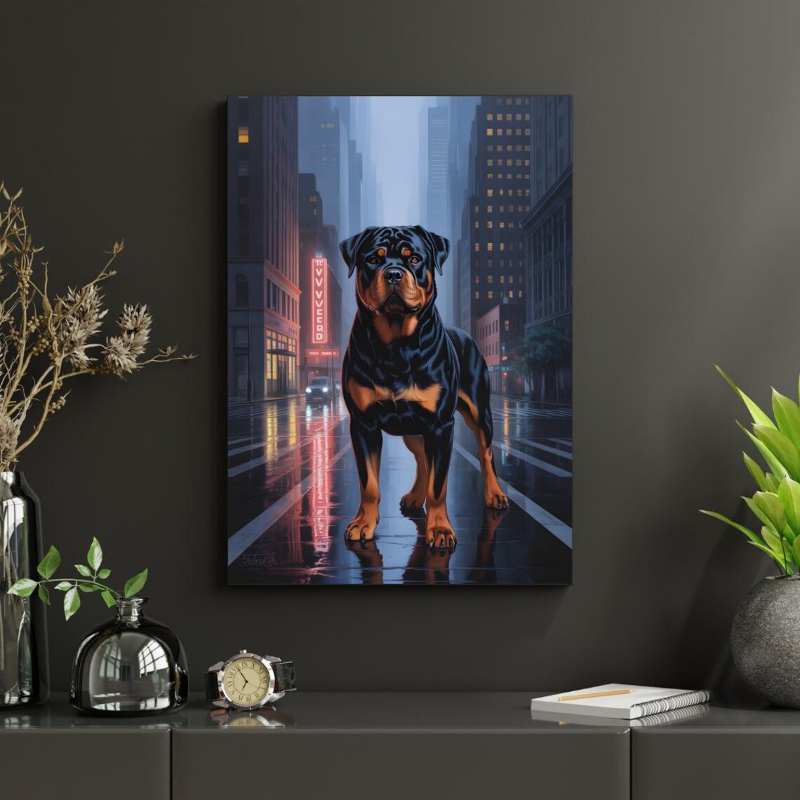 Rottweiler Standing on Rainy Neon City Street Night Urban Dog Art Poster