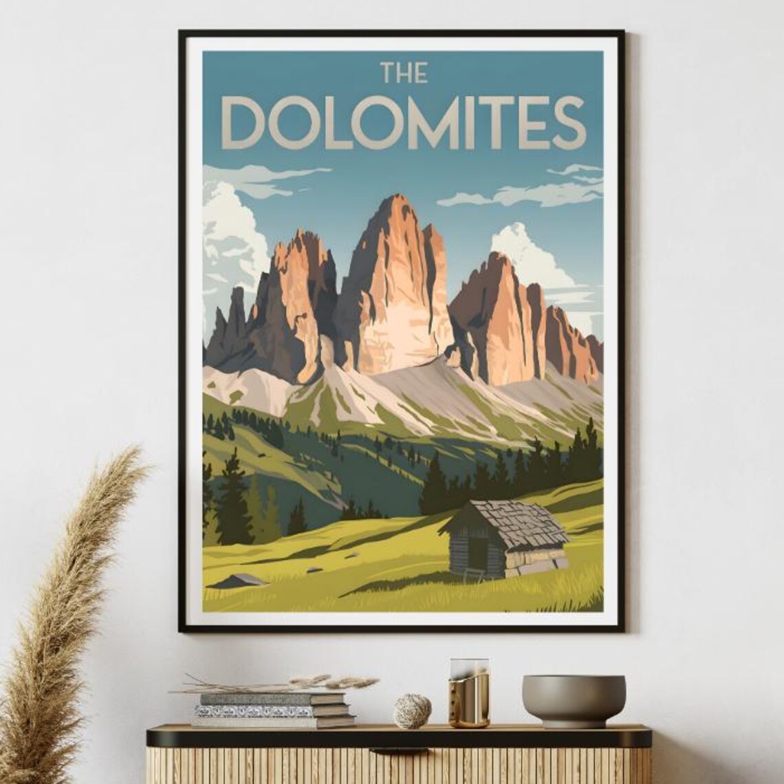 The Dolomites Italy Peaks Mountain Cabin Meadow Retro Travel Poster