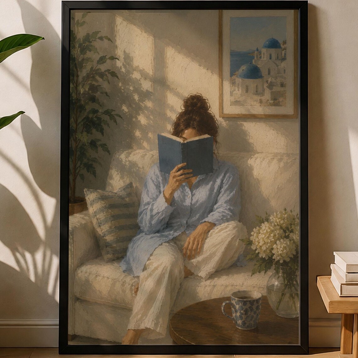Reading Woman, Santorini Nook Decor Art Print