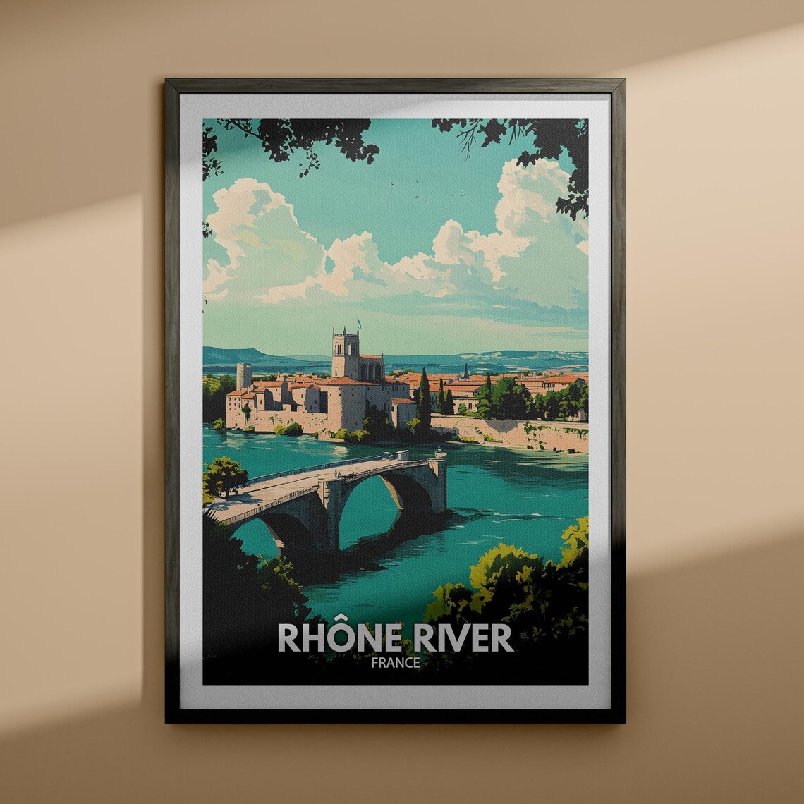 Rhone River France Old Stone Bridge Riverside Vintage Travel Poster