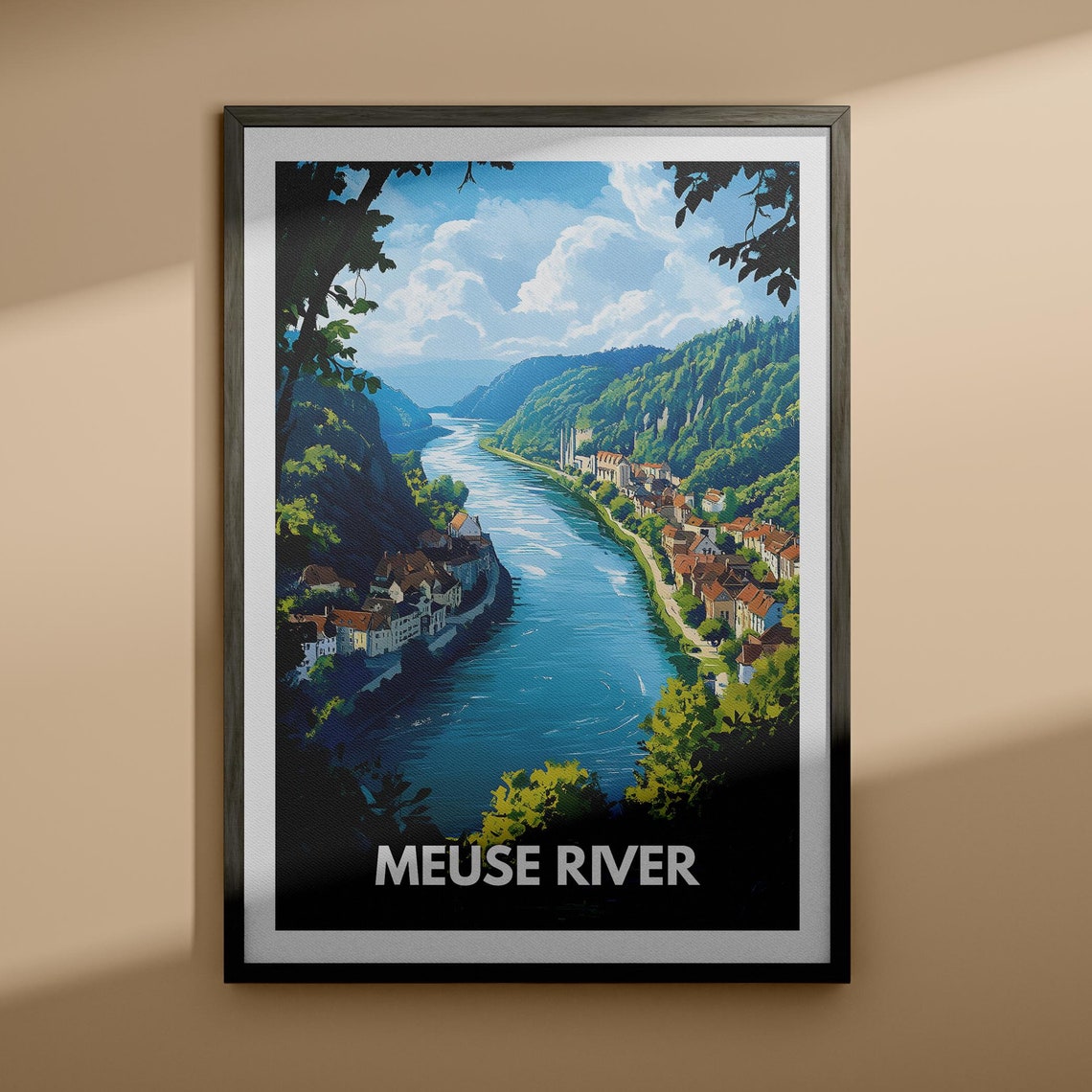 Meuse River Valley Town Between Green Hills Retro Travel Poster