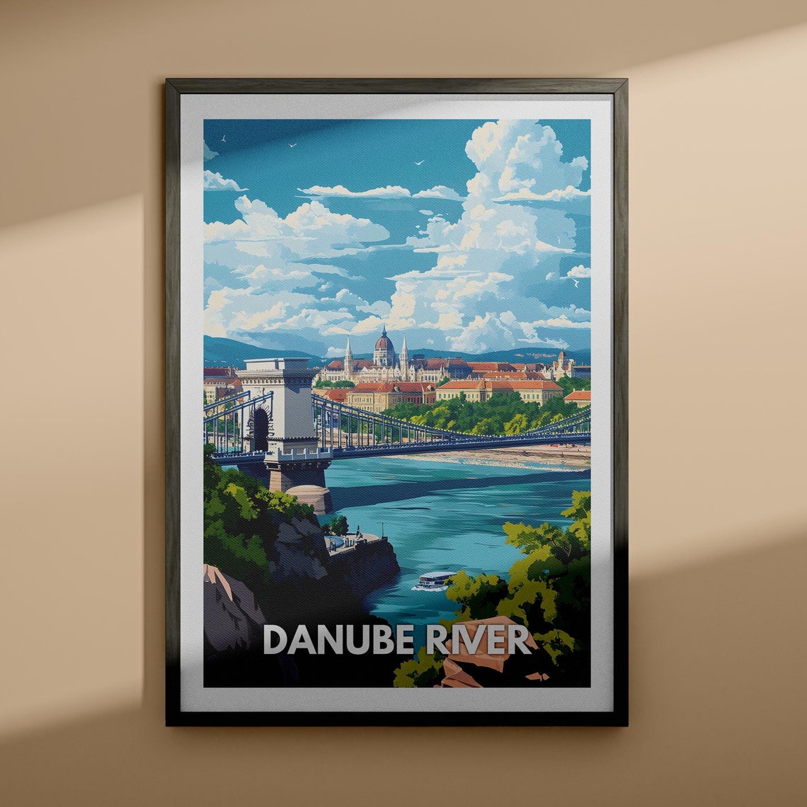Danube River Chain Bridge Budapest Skyline Travel Poster Art