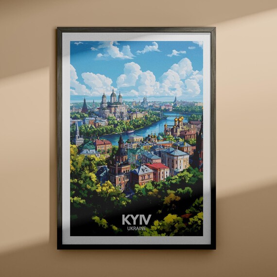 Kyiv Ukraine Golden River Cathedrals Skyline Retro Travel Poster