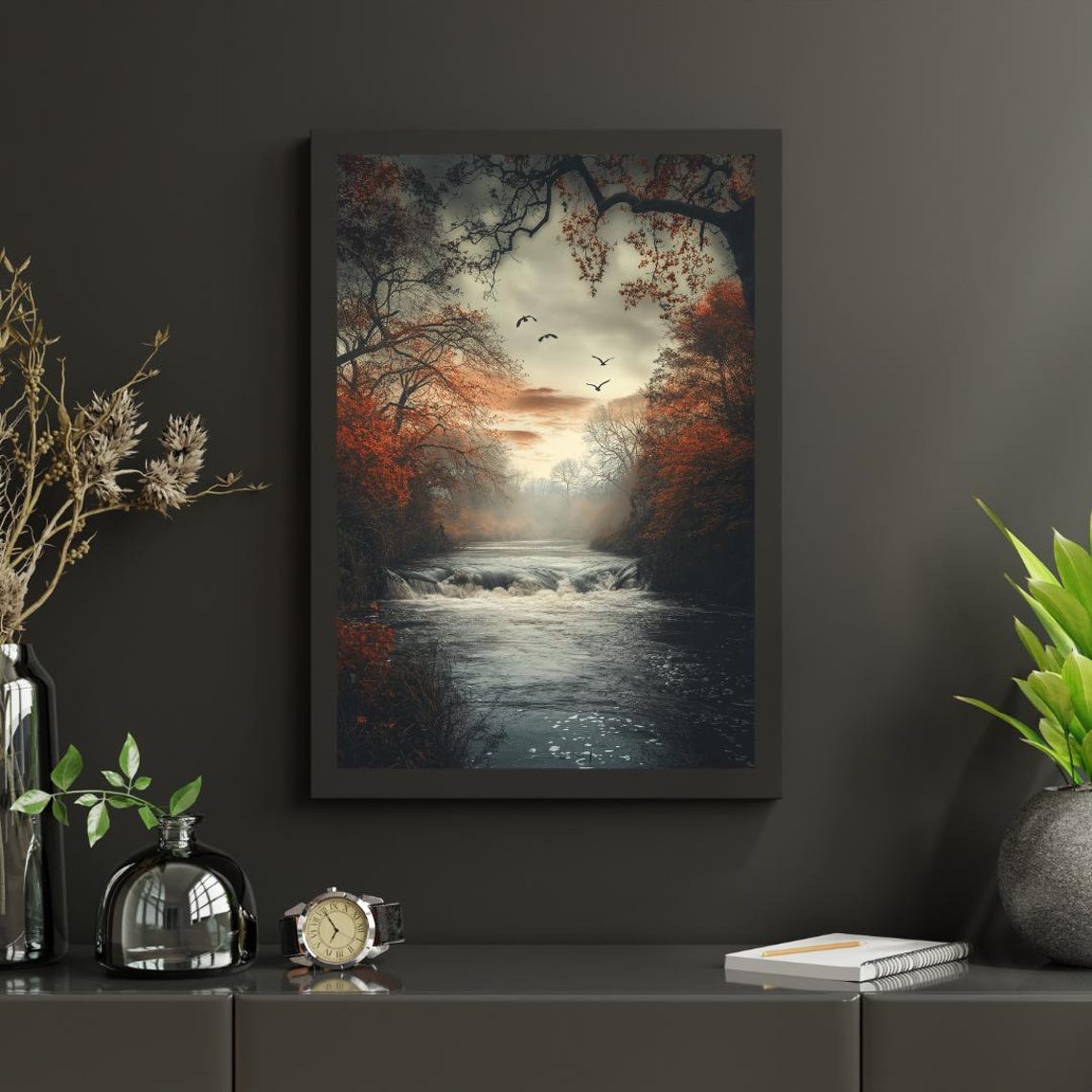 Moody Autumn Forest River Waterfall With Birds At Dusk Poster - Image 5